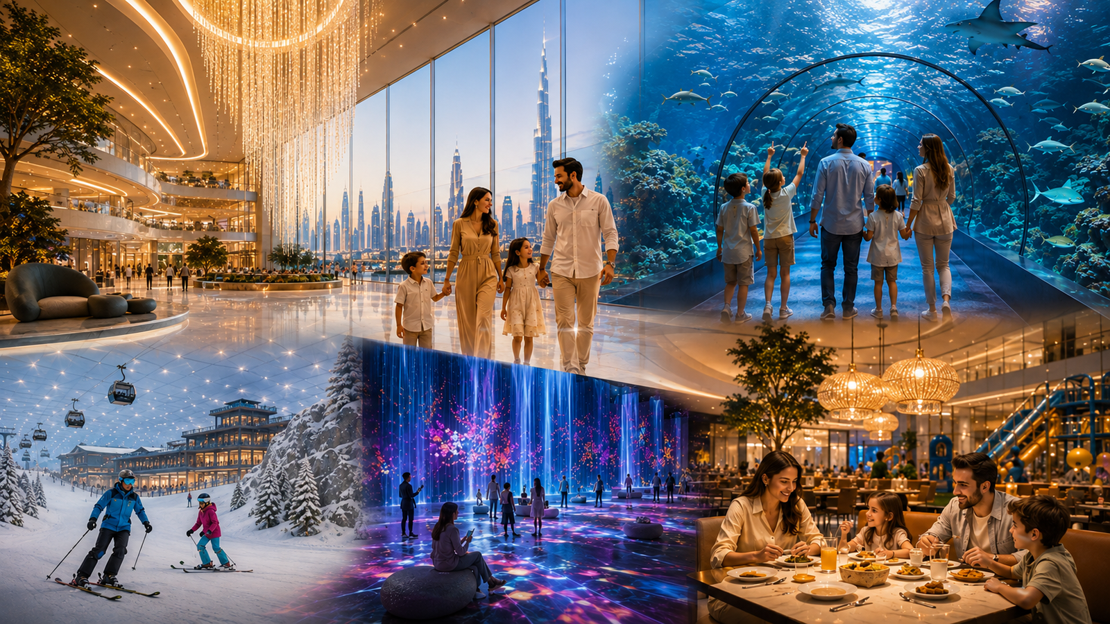 Families enjoying indoor attractions in Dubai, including Ski Dubai, an aquarium, immersive shows and dining