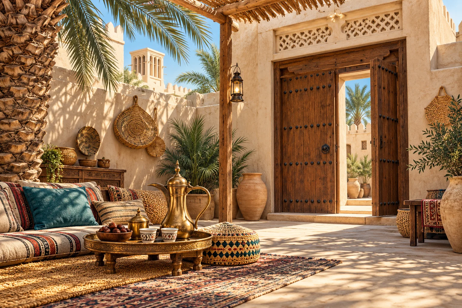 رسم توضيحي لفناء إماراتي مع سلال منسوجة ودلّة قهوة تقليدية
