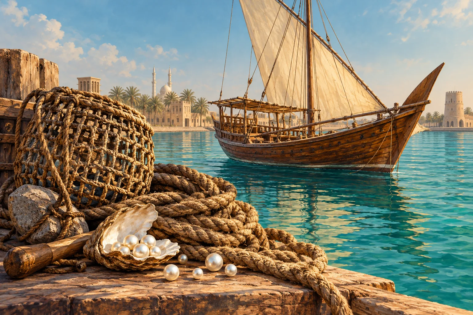 رسم توضيحي لقارب خشبي وحبال ولآلئ يحتفي بالتراث البحري للخليج
