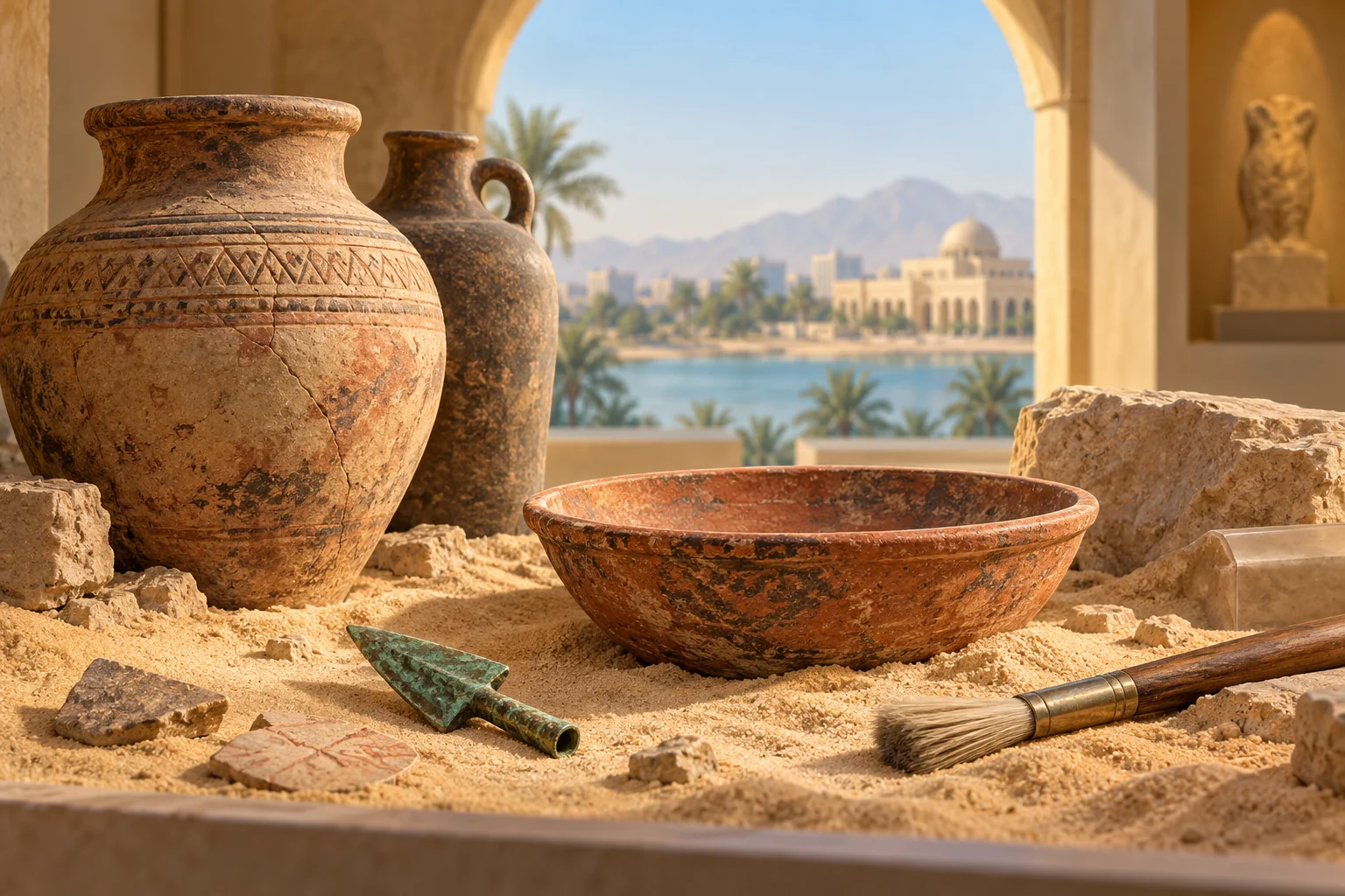 رسم توضيحي لأوانٍ فخارية ورأس سهم برونزي وفرشاة آثار