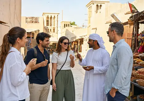 مجموعة صغيرة تستكشف سوقاً تقليدياً في دبي القديمة مع مرشد محلي