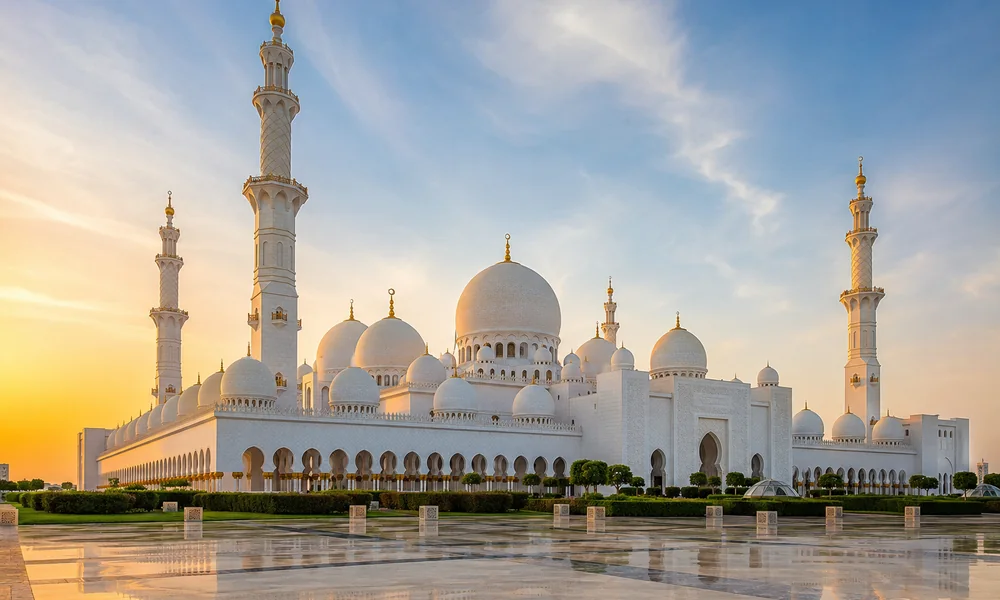 Sheikh Zayed Grand Mosque in Abu Dhabi at golden hour