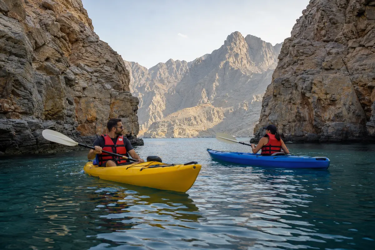 Two visitors kayaking between Al Khor mountain cliffs