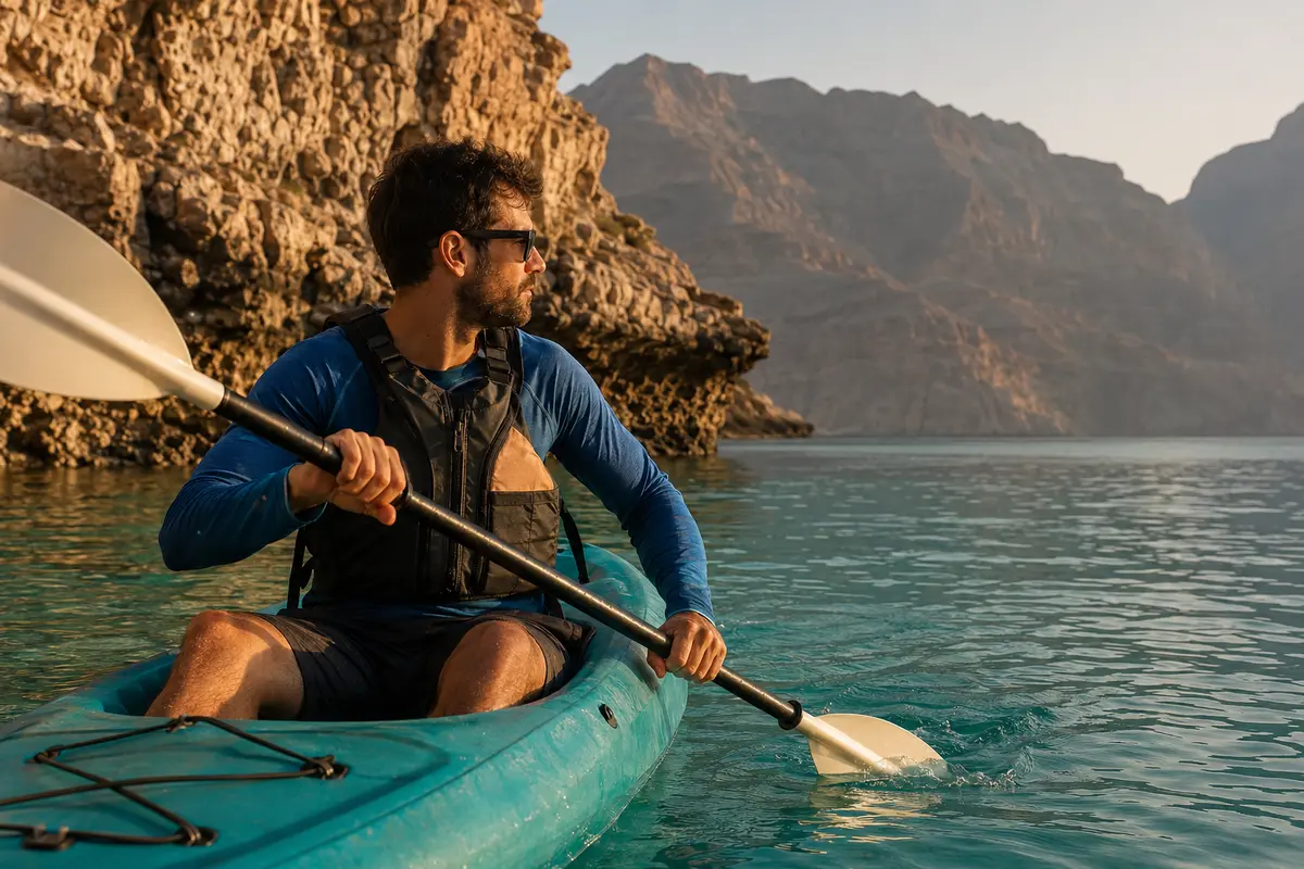 Kayaker paddling along the Al Khor Musandam coastline