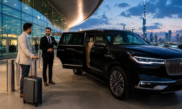 Dubai Airport chauffeur greeting a passenger beside a private transfer vehicle at dusk