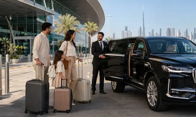 Family arriving at Dubai Airport for a private transfer with luggage and chauffeur