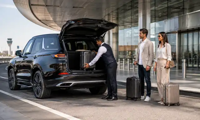 Professional driver loading passenger luggage into a Dubai Airport transfer vehicle