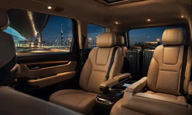 Comfortable leather interior and luggage space inside a private Dubai Airport transfer vehicle