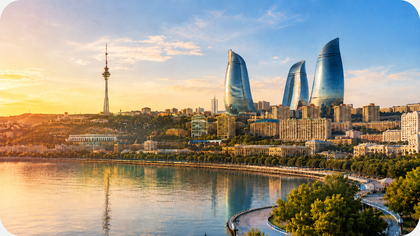 Azerbaijan eVisa from Dubai featuring Baku Flame Towers and Caspian Sea